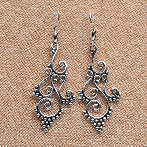 Silver Beaded Tendril Drop Earrings