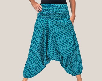 ORGANIC HAREM TROUSERS ,Yoga Pantalones,Pantalones de salón,Hippie,Ali Baba,Jumpsuit ajustable, Azul estampado, Algodón orgánico,Vegano, ético, Hecho a mano