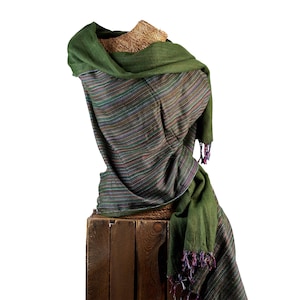GREEN BAMBOO SHAWL / Warm Blanket Scarf / Soft Pashmina / Throw / Yoga Meditation Wrap / Kantha Embroidered / Reversible / Handloom / Vegan