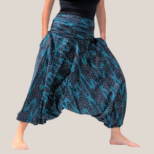 ORGANIC HAREM TROUSERS ,Yoga Pants,Lounge Pants,Hippie,Ali Baba,Adjustable Jumpsuit,Patterned Blue,Organic Cotton,Vegan,Ethical,Handmade image 1