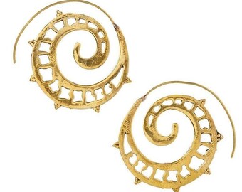 Large Pure Brass Spiral Wave Hoop Earrings