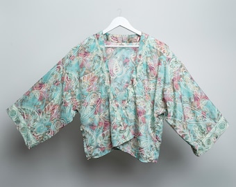 KIMONO JACKET SILK Sari / Kaftan / Caftan / Throwover / Cover Up / Open Front / Tie Top / Flared Sleeves / Boho Style / Teal & Gold / Floral