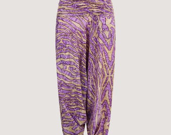 Pantalones Harem de seda SARI / Pantalones Aladino / Hippie / Ropa cómoda / Ropa informal / Mono 2 en 1 / Estampado animal morado y dorado / Bolsillos