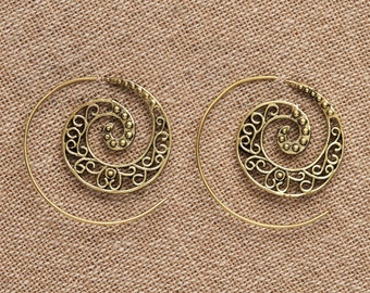 Pure Brass Floral Spiral Hoop Earrings