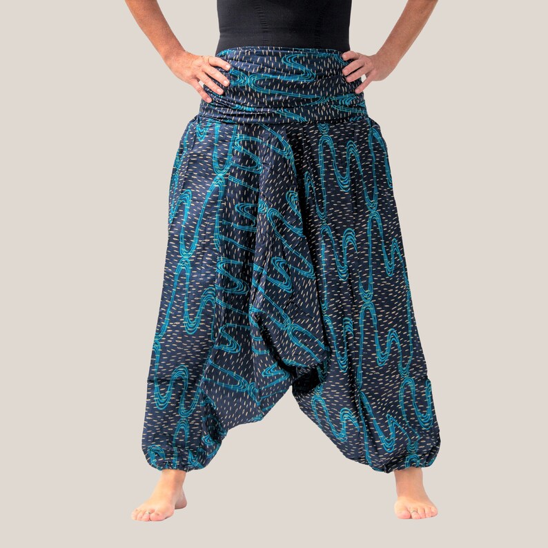 ORGANIC HAREM TROUSERS ,Yoga Pants,Lounge Pants,Hippie,Ali Baba,Adjustable Jumpsuit,Patterned Blue,Organic Cotton,Vegan,Ethical,Handmade image 3