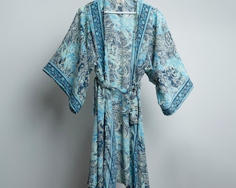BATA KIMONO DE SEDA / Bata / Caftán / Vestido camisero / Vestido envolvente a media pierna / Cinturón de lazo / Ropa de estar por casa / Azul / Remolino floral