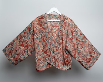 KIMONO JACKET SILK Sari / Kaftan / Caftan / Throwover / Cover Up / Open Front / Tie Top / Flared Sleeves / Boho / Coral Pink / Art Deco