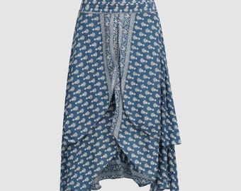 SARI SILK SKIRT 2-in-1 Strapless Dress / Layered / Boho / Floaty Summer Fun / Elastane Back / Lightweight Comfort / Blue Indian Motif Print