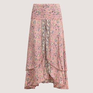 May include: A pink maxi skirt with a paisley print and a tiered ruffle design. The skirt has a high waist and a fitted waistband.