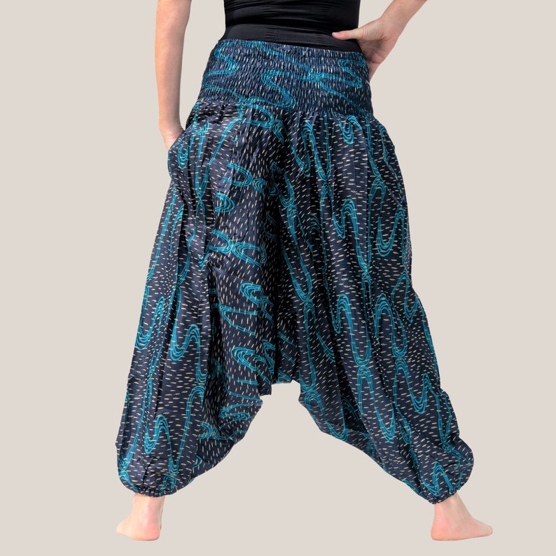 ORGANISCHE HAREM HOSE, Yoga Hose, Lounge Hose, Hippie, Ali Baba, verstellbare Overall, gemustert blau, Bio-Baumwolle, Vegan, ethische, handgefertigt Bild 2