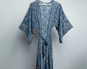 BATA KIMONO DE SEDA / Bata / Caftán / Vestido camisero / Vestido envolvente a media pierna / Cinturón de lazo / Ropa de estar por casa / Azul / Flor india