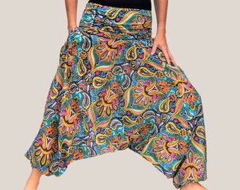 ORGANIC HAREM TROUSERS ,Yoga Pantalones,Pantalones de salón,Hippie,Ali Baba,Jumpsuit ajustable, Azul estampado, Algodón orgánico,Vegano, ético, Hecho a mano