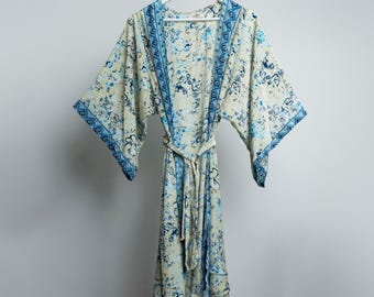 BATA KIMONO DE SEDA / Bata / Caftán / Vestido camisero / Vestido envolvente a media pierna / Cinturón de lazo / Ropa de estar por casa / Azul / Remolino floral
