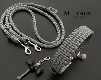 Dog leash collar made of paracord individually or in a set with poop bag holder | "Basic" gray | made to measure | different fittings