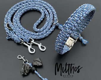 Paracord Set | HU 44cm | für Hunde (Halsband, Leine und Kotbeutelhalter) blau grau weiß silber