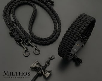 Hundeleine Halsband aus Paracord einzeln oder im Set mit Kotbeutelhalter | "Basic" schwarz | Maßanfertigung | verschiedene Beschläge