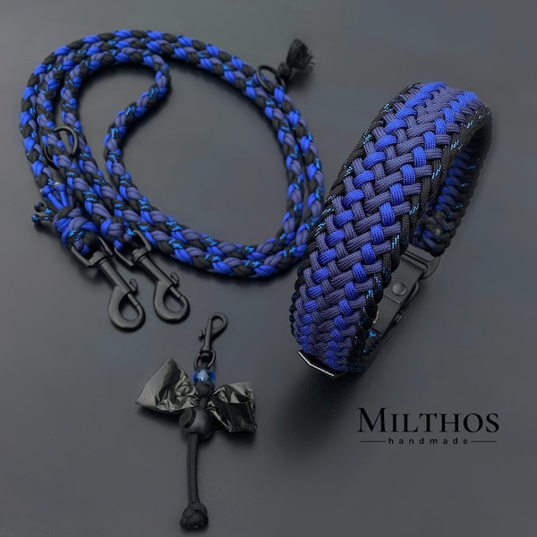 Dog leash collar made of paracord individually or in a set with poop bag holder | blue glitter black | made to measure