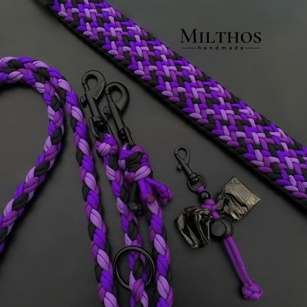 Dog leash collar made of paracord individually or in a set with poop bag holder purple black | Custom made