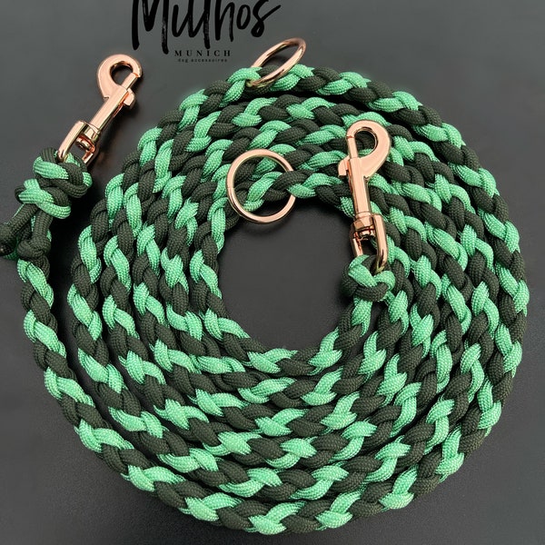 2m Hundeleine | Größe XS | aus Paracord | mint dunkelgrün Roségold | für kleine Hunde