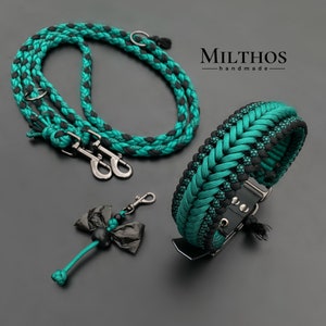 Hondenriem en halsband | diamant zeegroen | gemaakt van paracord, los verkrijgbaar of als set met poepzakjeshouder | zeegroen, zwart, antraciet | op maat gemaakt