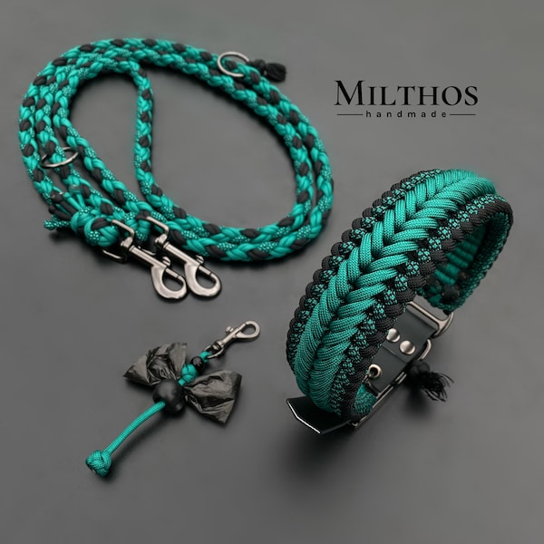 Hondenriem en halsband | diamant zeegroen | gemaakt van paracord, los verkrijgbaar of als set met poepzakjeshouder | zeegroen, zwart, antraciet | op maat gemaakt