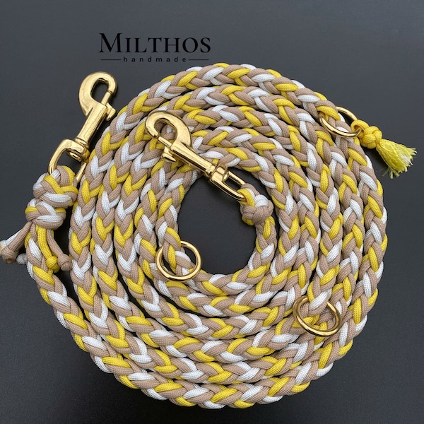 2.5m dog leash | Size M | made of paracord | yellow gold beige white brass | for medium and larger dogs
