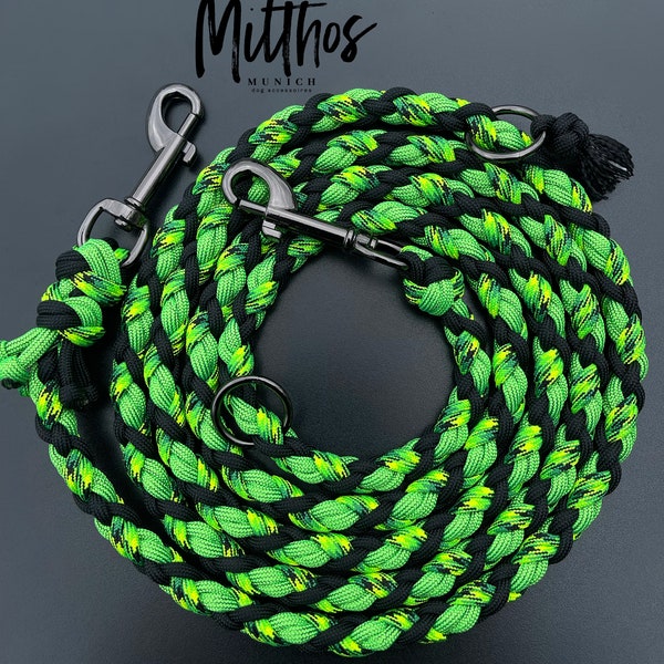 2 m dog leash | Size S | made of paracord | neon green black gunmetal | for small and medium sized dogs