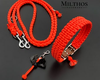 Dog leash collar made of paracord individually or in a set with poop bag holder "Basic" neon orange | Custom made | various fittings