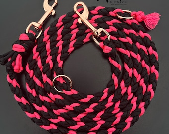 2m Hundeleine | Größe S | aus Paracord | neon pink schwarz Roségold | für kleinere und mittelgroße Hunde