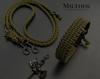 Hondenriem halsband van paracord per stuk of in een set met poepzakhouder | "Basic" olijfgroen | op maat gemaakt | verschillende fittingen