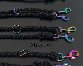 Zeus Rainbow Glitter Black | Paracord Dog Leash | Various Sizes: XS-XL | 8-16 mm Wide | Round Braided | Customizable