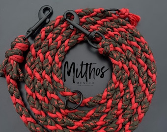 2m Hundeleine | Größe S | aus Paracord | olivgrün rot schwarz | für kleinere und mittelgroße Hunde