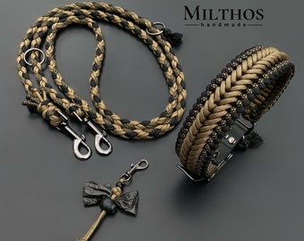 Dog leash and collar | diamond light brown | made of paracord, available individually or as a set with poop bag holder | light brown, black, gunmetal | custom-made