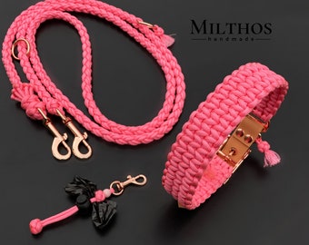 Dog leash collar made of paracord individually or in a set with poop bag holder | "Basic" pink | made to measure | different fittings