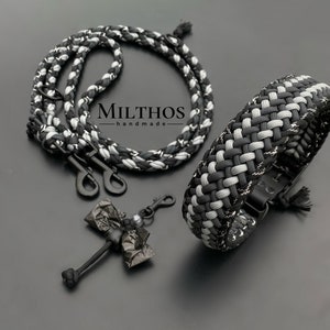 Set Paracord • HU 42,5-48,5 cm • grigio glitter nero • per cani • regolabile • collare al guinzaglio per cani con supporto per sacchetto dei bisogni