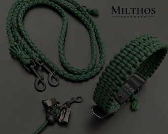 Dog leash collar made of paracord individually or in a set with poop bag holder | "Basic" dark green | made to measure | different fittings