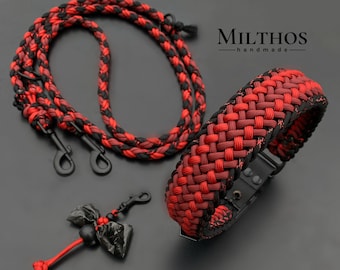 Dog leash collar made of paracord individually or in a set with poop bag holder | red glitter black | made to measure