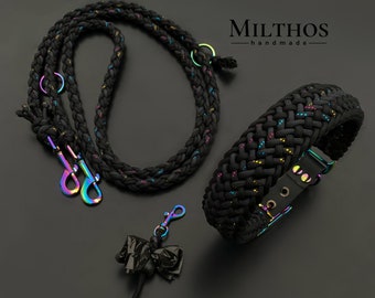 Paracord dog leash and collar, sold individually or as a set with poop bag holder | Rainbow glitter black | Custom made | Personalizable