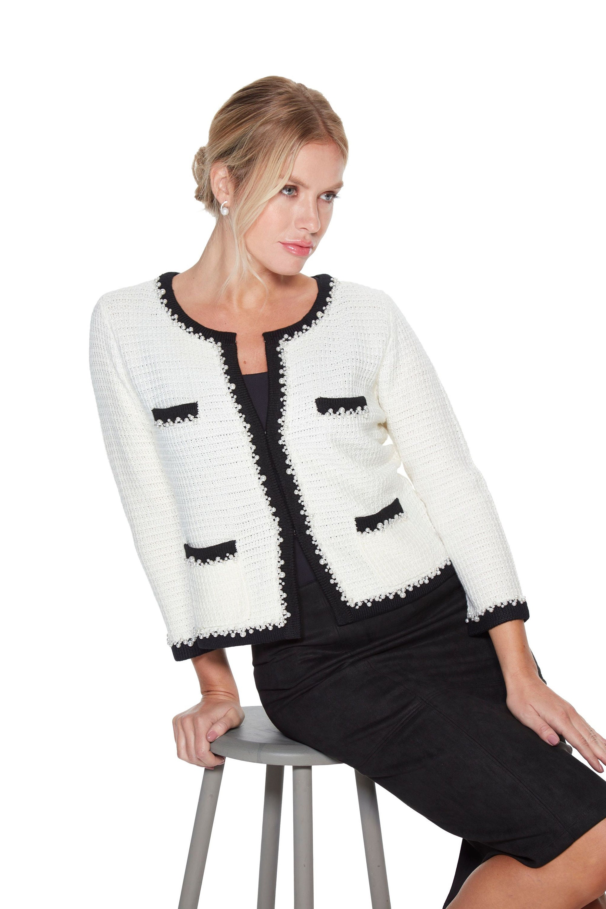 Ladies Knitted Jacket in White Edged in Black and Trimmed - Etsy UK