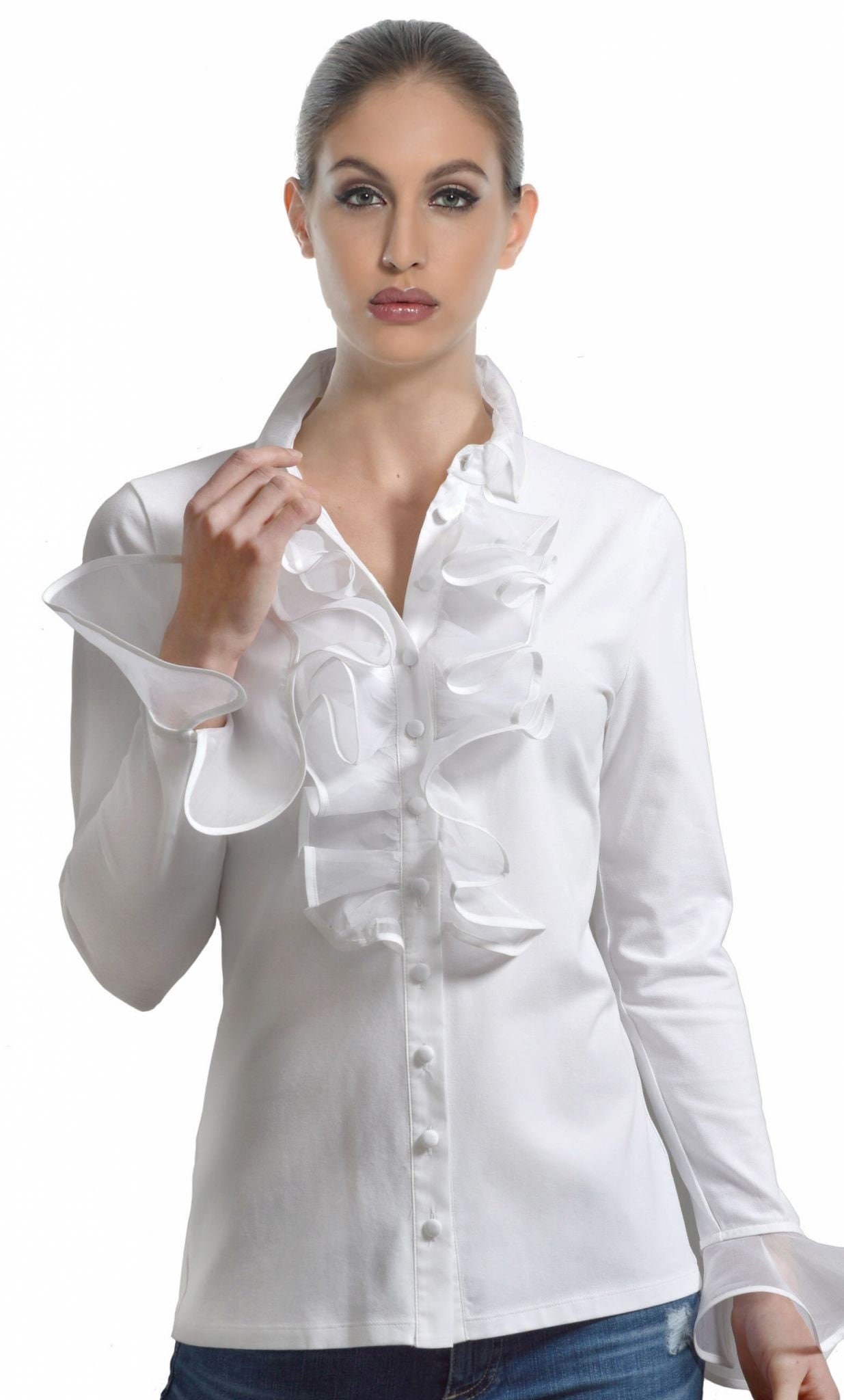 white satin ruffle blouse