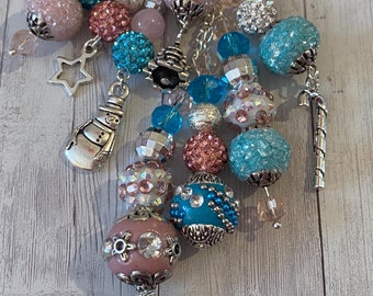 Handmade Pastel Christmas Keychain with Sparkling Beads in Blue and Pink Tones