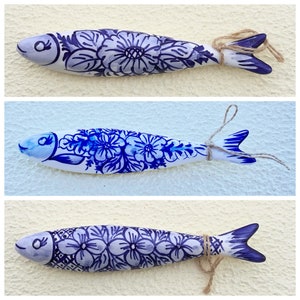 Traditional, floral pattern, Portuguese, ceramic /porcelain sardines, handmade and painted by Portuguese artist