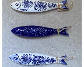 Traditional Portuguese, embossed ceramic /porcelain sardines, handmade and painted by Portuguese artist