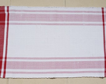 Handwoven Cotton Rag Rug: Red and White Check, Portuguese Boho Mat
