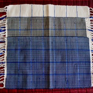 Blue and Grey check cotton handwoven Portuguese puxados (boho) rag rug suitable for bathroom, kitchen, bedroom or nursery.