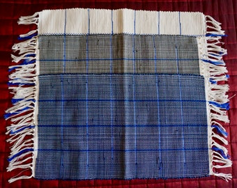 Handwoven Blue & Gray Check Rag Rug: Portuguese Cotton Puxados