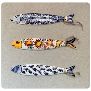 Traditional Portuguese, ceramic /porcelain flat sardines, handmade and painted by Portuguese artist - Blues and Hearts