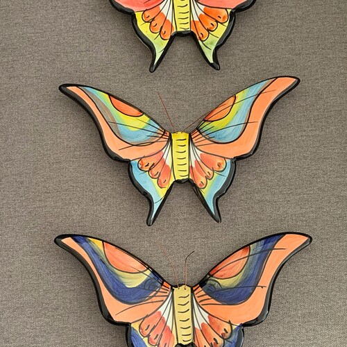 Tangerine blue variations - Glazed and hand painted ceramic butterfly wall decoration for the garden or interior decoration - large