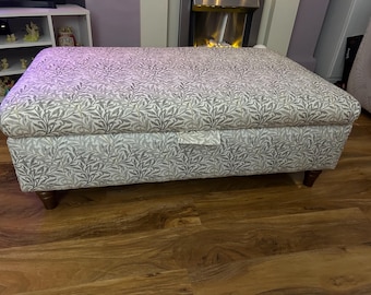 Hand Made storage footstool in  William Morris willow natural/azure/sage/rust cotton  fabric.