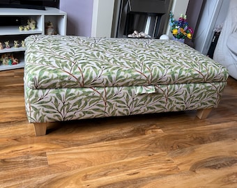 Hand Made storage footstool in  William Morris Bough Azure/crimson/sage tapestry fabric